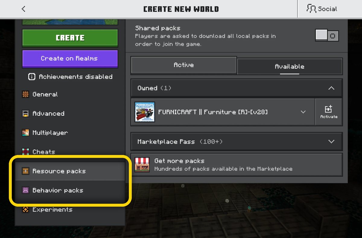Resource packs and Behavior packs in the world settings menu